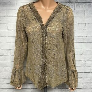 Earthbound Trading Cardigan Large Brown Crochet Bell Sleeve Tie Front Boho Fairy